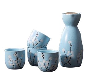 5 Pcs Ceramic Japanese Sake Set Traditional 1 Tokkuri Bottle & 4 Ochoko Cups [I]