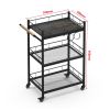 3 Tier Metal Mesh Rolling Storage Cart,Mesh Storage Pantry Cart with Lockable Wheels Wood Look Top and Metal Frame,Rolling Utility Cart for Kitchen Ba