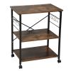 Simple Wood Kitchen Cart with 3-Tier Storage Space, Movable Microwave Stand with 10 Hooks - Brown and Frosted Black XH