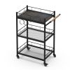 3 Tier Metal Mesh Rolling Storage Cart,Mesh Storage Pantry Cart with Lockable Wheels Wood Look Top and Metal Frame,Rolling Utility Cart for Kitchen Ba