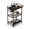 3 Tier Metal Mesh Rolling Storage Cart,Mesh Storage Pantry Cart with Lockable Wheels Wood Look Top and Metal Frame,Rolling Utility Cart for Kitchen Ba