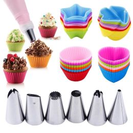 30PCS Silicone Cake Mold Baking Tools Set Baking Cups with Stainless Steel Cream Forcing Mounted Kit (Color: 24cups6kits, size: Z20)