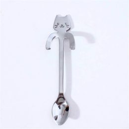 Stainless Steel Creative Mixing Spoon Cute Cartoon Cat Dessert Spoon Coffee Spoon (Color: Silver, size: one size)