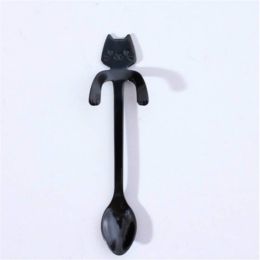 Stainless Steel Creative Mixing Spoon Cute Cartoon Cat Dessert Spoon Coffee Spoon (Color: Black, size: one size)