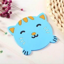 Creative cute cartoon animal silicone coaster insulation pad thick soft rubber bowl pad (Color: D06-14 blue kitten)