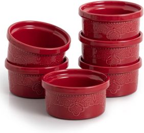 FE Ramekins, Lace Emboss Ramekin 8 oz Oven Safe, Creme Brulee Set of 6, Ceramic Souffle Dish for Baking Dessert and Cake (Color: Red)