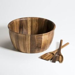 X-Large Salad Bowl with Servers (Color: Brown, material: acacia wood)