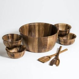 7 Piece - X-Large Salad Bowl with Servers and 4 Individuals (Color: Brown, material: acacia wood)